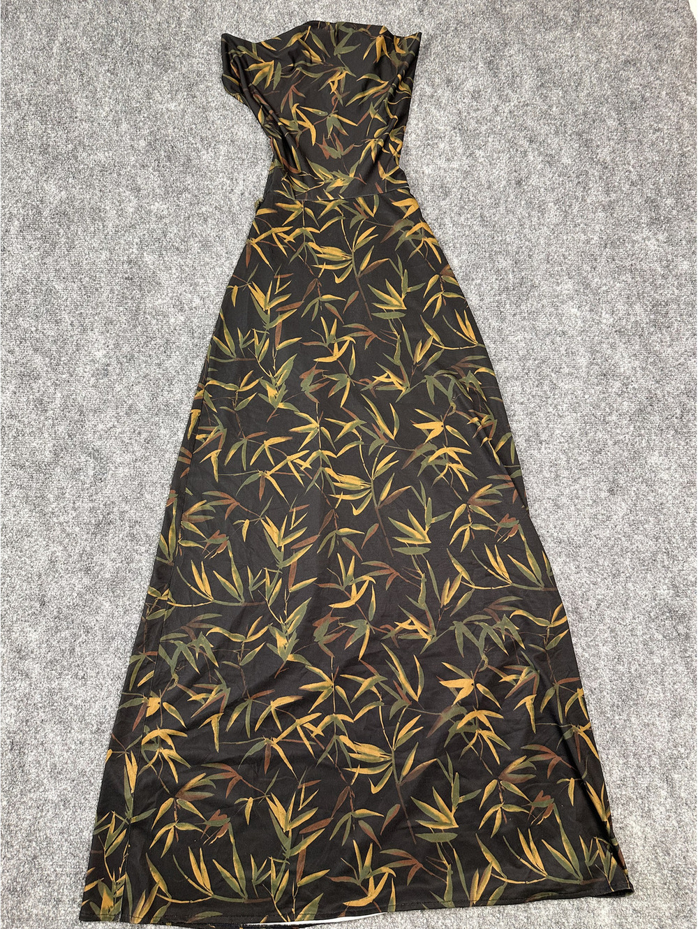 Strapless Maxi Dress with Leaf Print Pattern